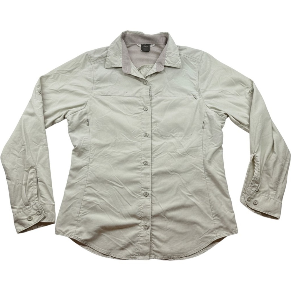 REI Co-op Sahara Tan Khaki Long Sleeve Hiking Shirt Womens Medium Venting Pocket